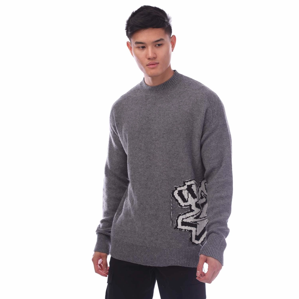 Off White Mens  Graffiti Chunky Knit Crewneck Sweater in Grey Wool (archived) - Size Medium